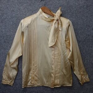 Vintage Pussybow Silk Blouse Womens M 8 Champagne Satin Pintuck Secretary 80s